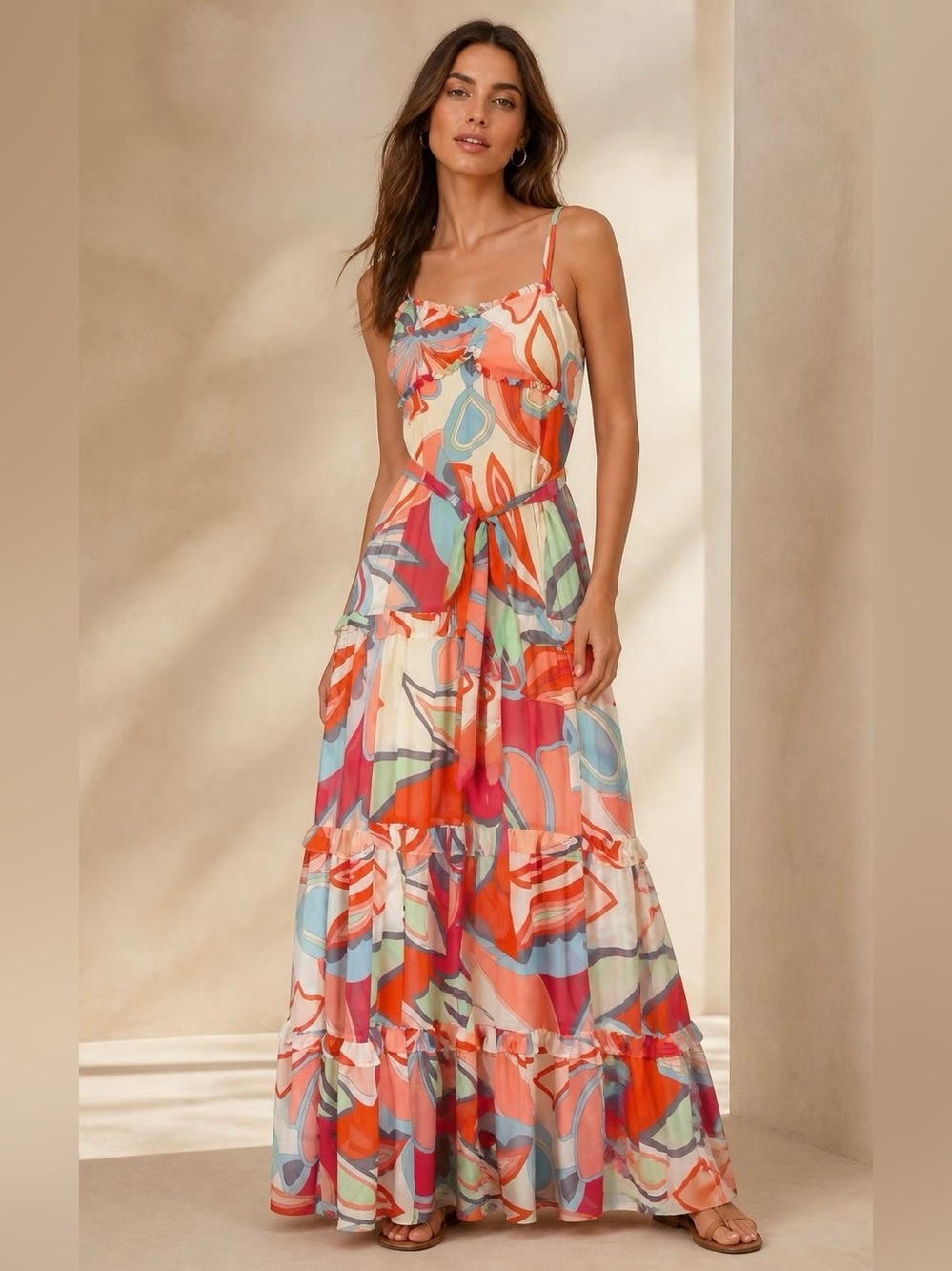 Alexis Multi-Color Abstract Tiered Maxi Dress M